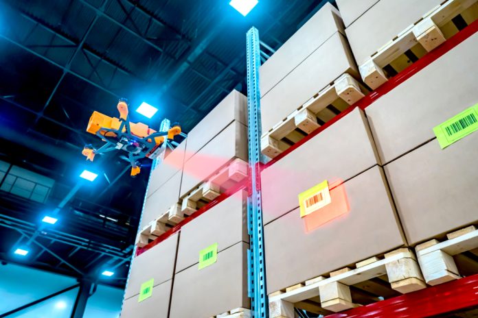 Drones,Scans,Barcode.,Modern,Warehouse.,Inventory,In,Stock.,Drone,Reads