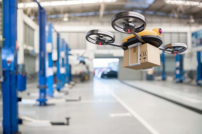 Spare,Part,Delivery,Drone,At,Garage,Storage,In,Leading,Automotive