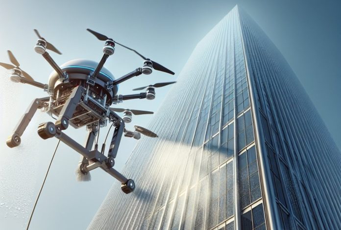 Drone,Cleaning,Building,Window