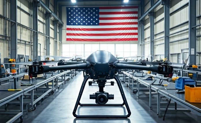 Commercial,Drone,Manufacturing,Plant,With,An,American,Flag,In,The
