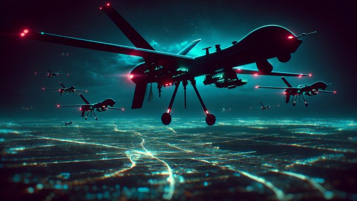 Cyberpunk,Photo,Of,Military,Drones,In,The,Sky,Above,Earth