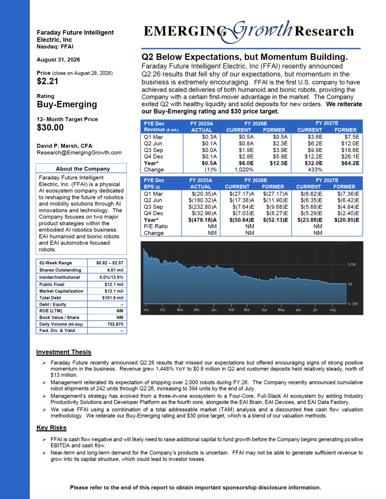 Faraday Future Intelligent Electric Inc. (NASDAQ: FFAI) Emerging Growth Research Flash Report – August 31, 2026