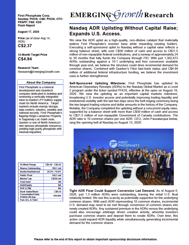 First Phosphate Corp. (OTCQX: FRSPF) (CSE: PHOS) Emerging Growth Research Report – August 17, 2026