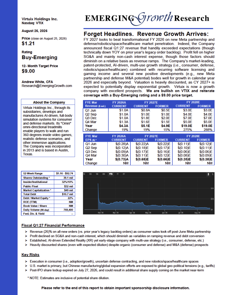 Virtuix Holdings, Inc. (NASDAQ: VTIX) Emerging Growth Research Report – August 26, 2026