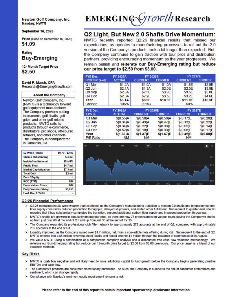 Newton Golf Company, Inc. (NASDAQ: NWTG) Emerging Growth Research Report – September 16, 2026