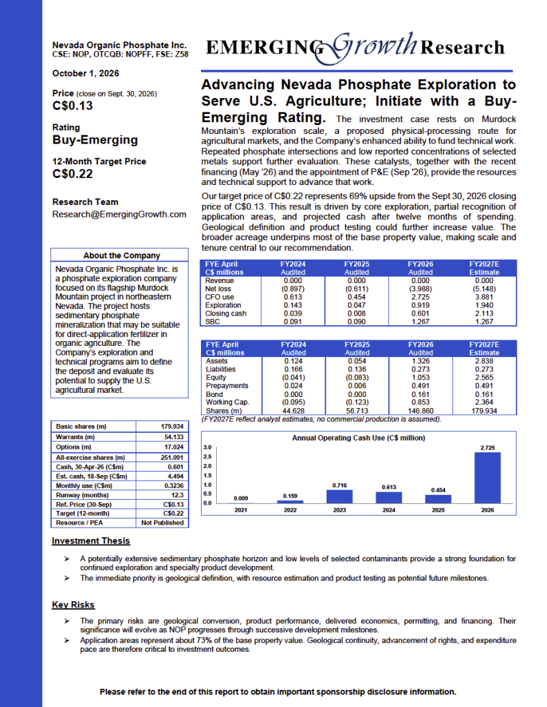 Nevada Organic Phosphate Inc.  (OTCQB: NOPFF)  (CSE: NOP) Emerging Growth Research Report – October 1, 2026