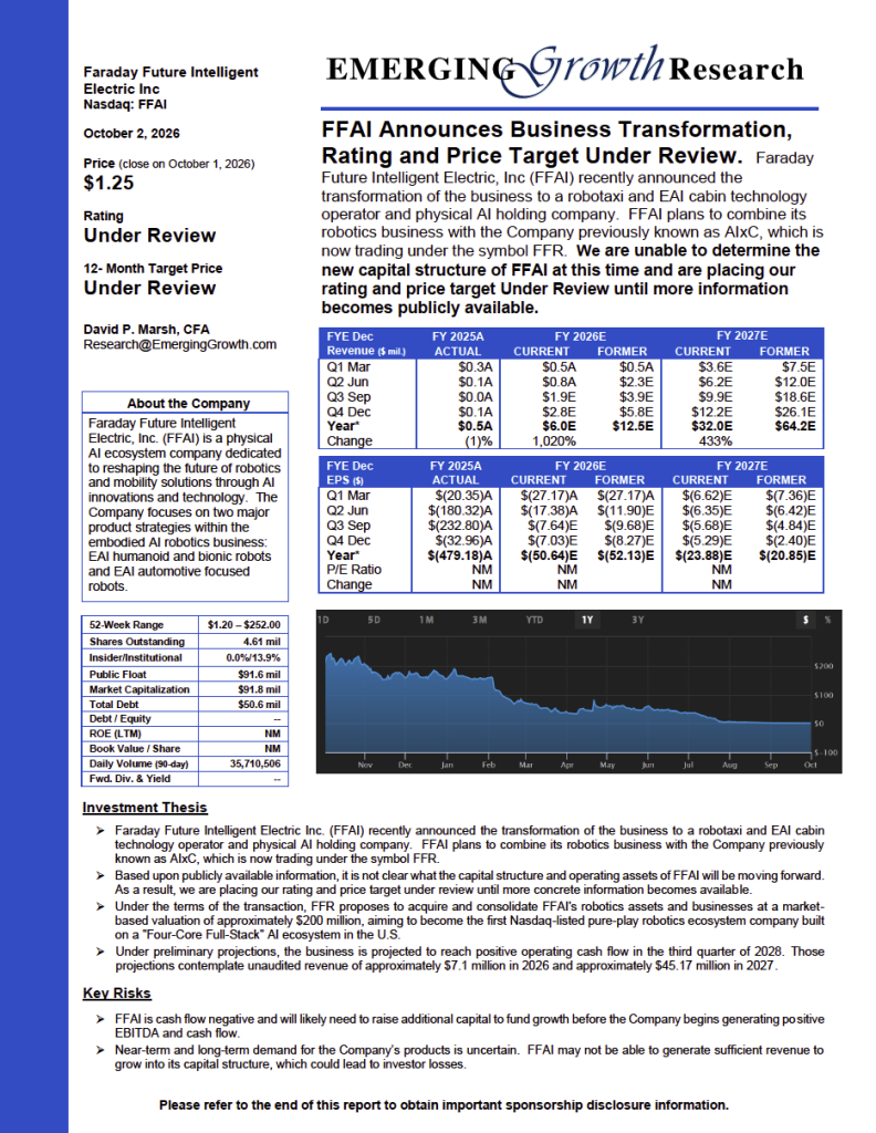 Faraday Future Intelligent Electric Inc. (NASDAQ: FFAI) Emerging Growth Research Flash Report – October 2, 2026