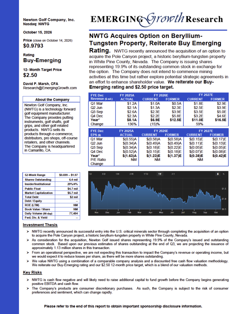 Newton Golf Company, Inc. (NASDAQ: NWTG) Emerging Growth Research Report – October 15, 2026