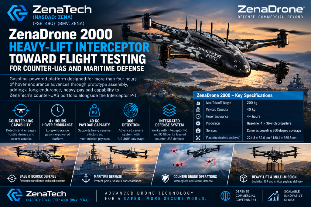 ZenaTech (NASDAQ: ZENA) Advances ZenaDrone 2000 Heavy-Lift Interceptor Toward Flight Testing for Counter-UAS and Maritime Defense